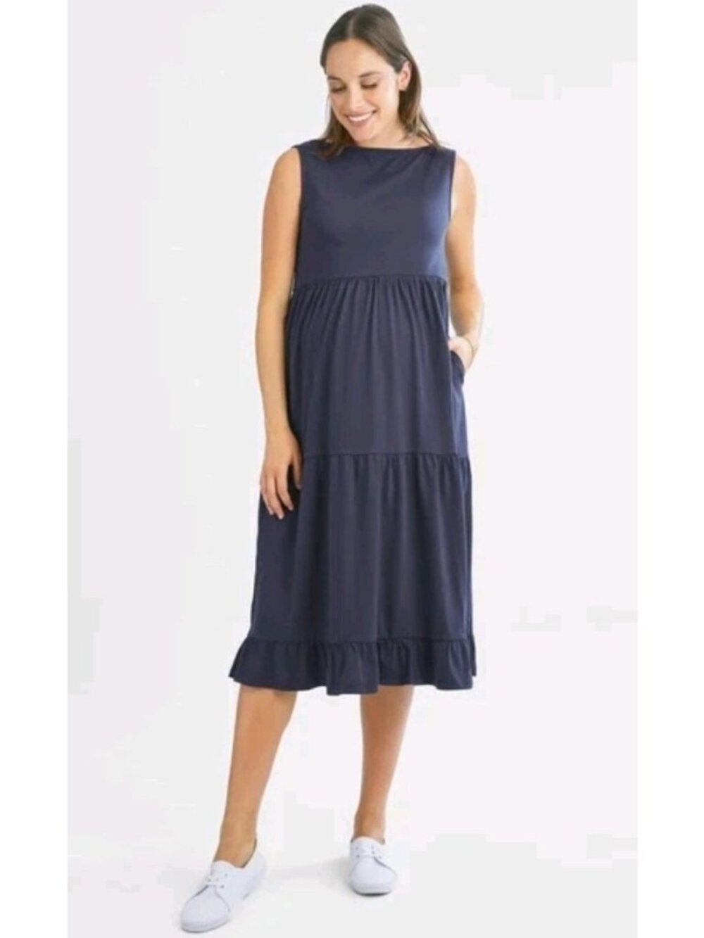 Angel Maternity Dress Tiered Midi Pockets Casual Minimalist Lightweight XS Black